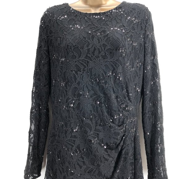 Lauren Ralph Lauren black lace sheath dress long sleeve sequins - Picture 2 of 7